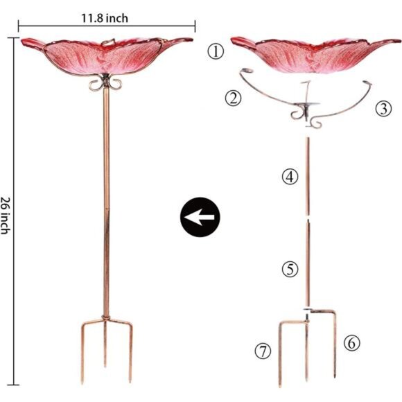 Outdoor Bird Bath Glass Birdbath Garden Birdfeeder with Metal Stake Red - Picture 3 of 7